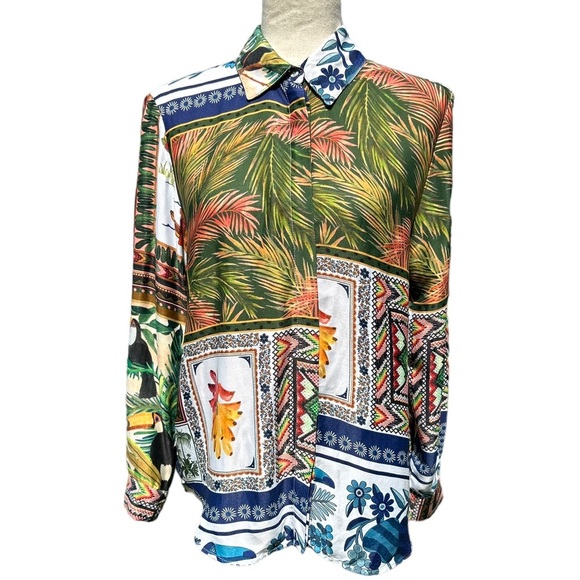 Farm Rio Mixed Scarfs Printed Button Front Top - Picture 6 of 11